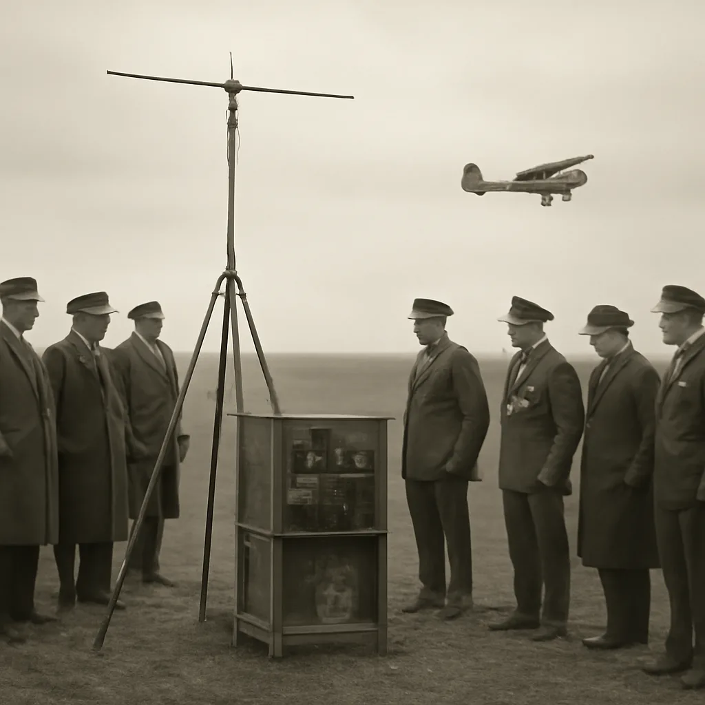 A 1930s outdoor scientific demonstration: engineers with radio equipment and antennae pointing toward the sky while an aircraft passes overhead; onlookers in period civilian and military dress watch from a distance.
