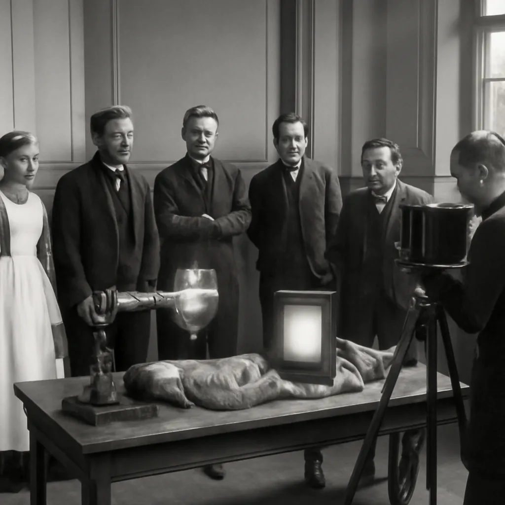 Late 19th‑century laboratory or hospital room with an early X‑ray apparatus, a patient’s hand positioned between a Crookes tube and a photographic plate, onlookers in period clothing observing a glowing fluorescent screen.
