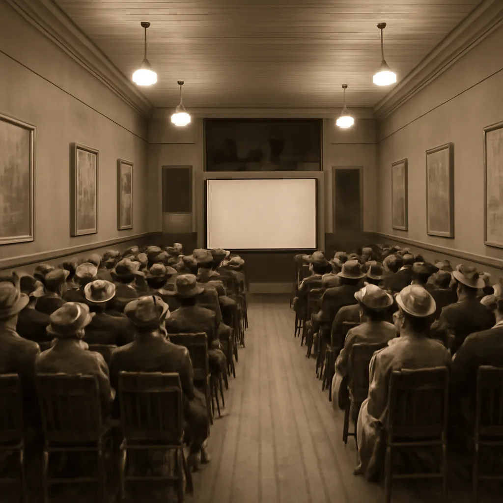 Early 20th-century interior of a public exhibition room with rows of simple wooden seats facing a projection screen area, gas or early electric lighting, and period-dressed patrons gathered for a motion picture screening.
