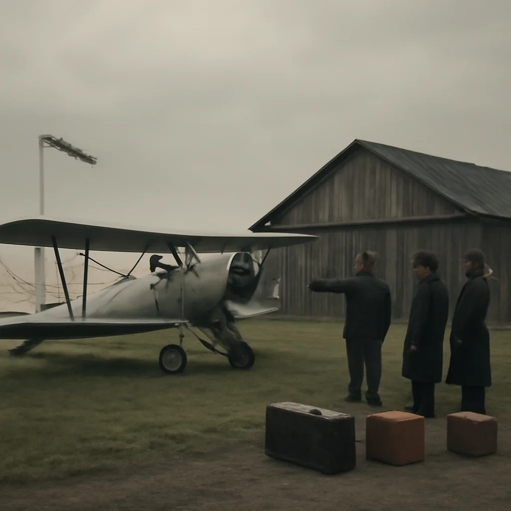 A 1930s-era single-engine passenger biplane on a grass airfield with a small group of men in period suits and hats; no identifiable faces.