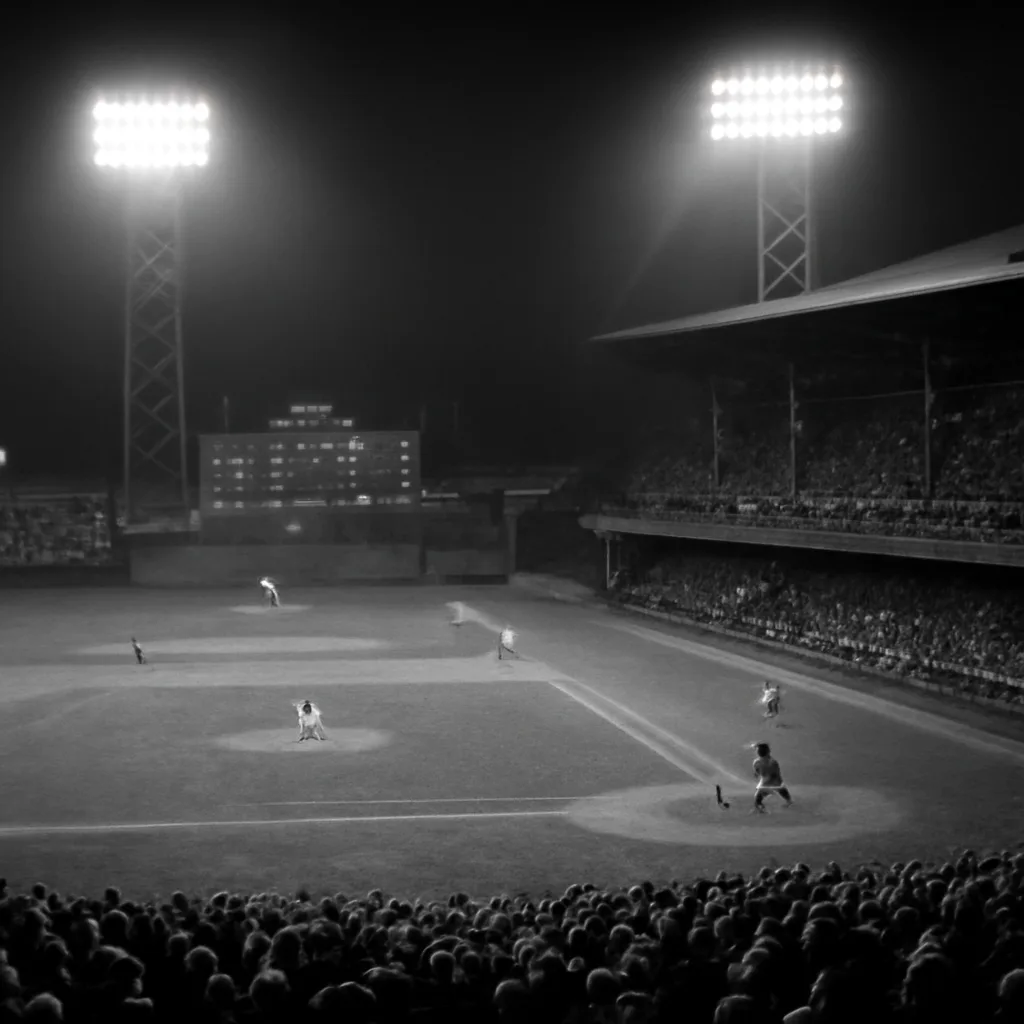 Crosley Field illuminated at night in 1935, showing players on the diamond and spectators in period clothing in the stands.