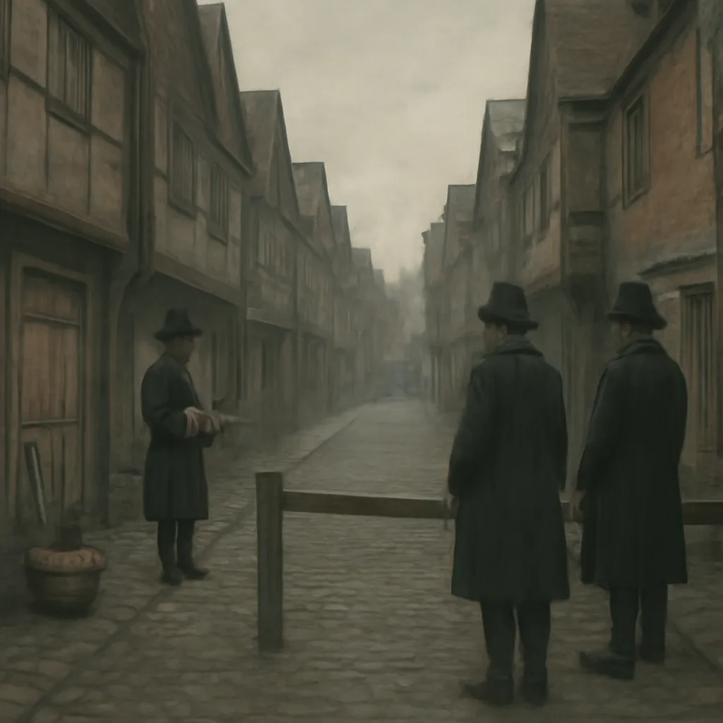 17th-century London street with shuttered houses and watchmen at a blocked doorway; parish clerks and a supply basket at the gate, no identifiable faces.