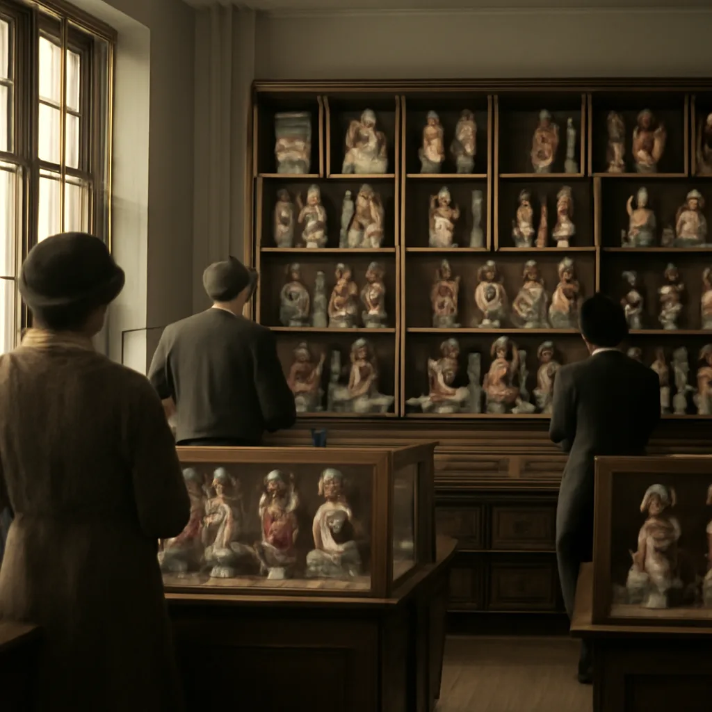 Shop interior or schoolroom in early 1930s United States showing shelves with boxed and composition dolls; plain period clothing visible, no identifiable faces.