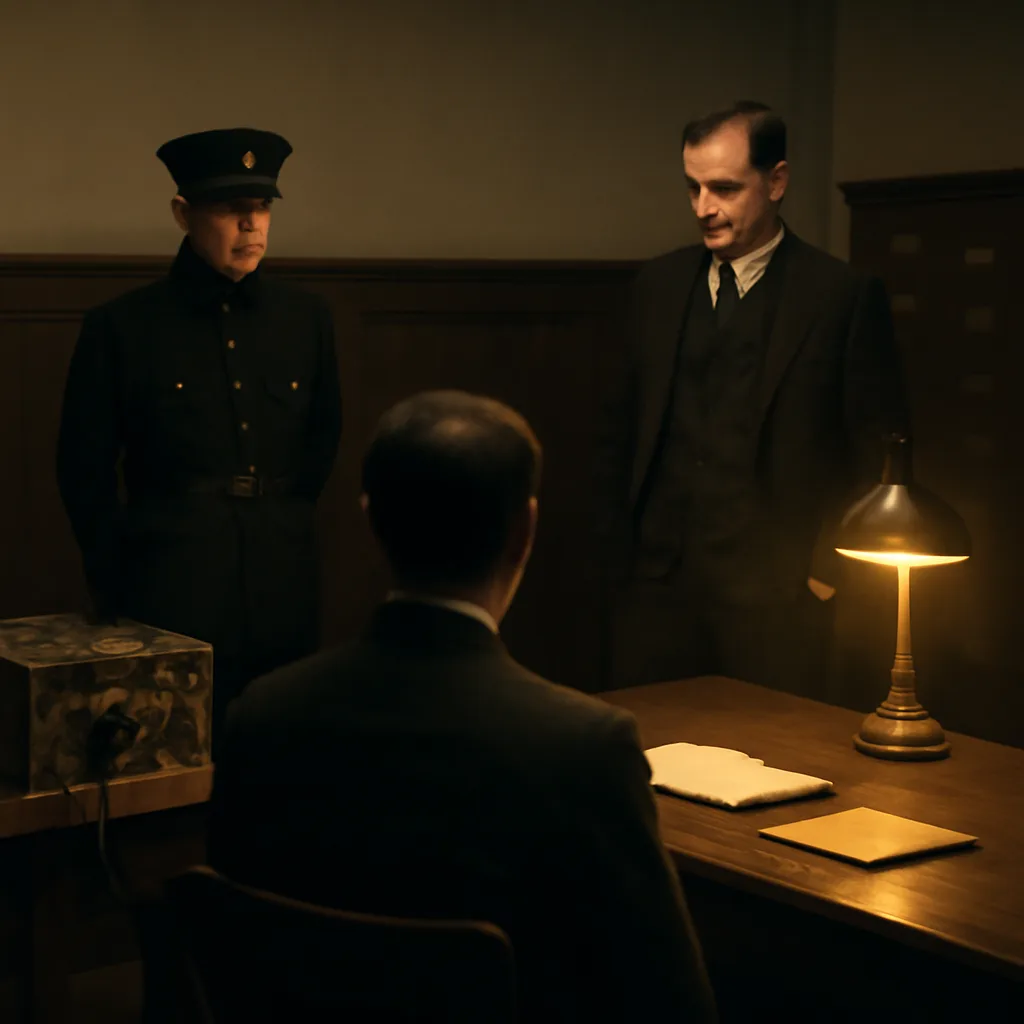 Early 1920s police office with a table showing a tabletop physiological recording device, wires and simple sensors laid out; officers and a seated subject seen from behind, period clothing and furnishings visible.