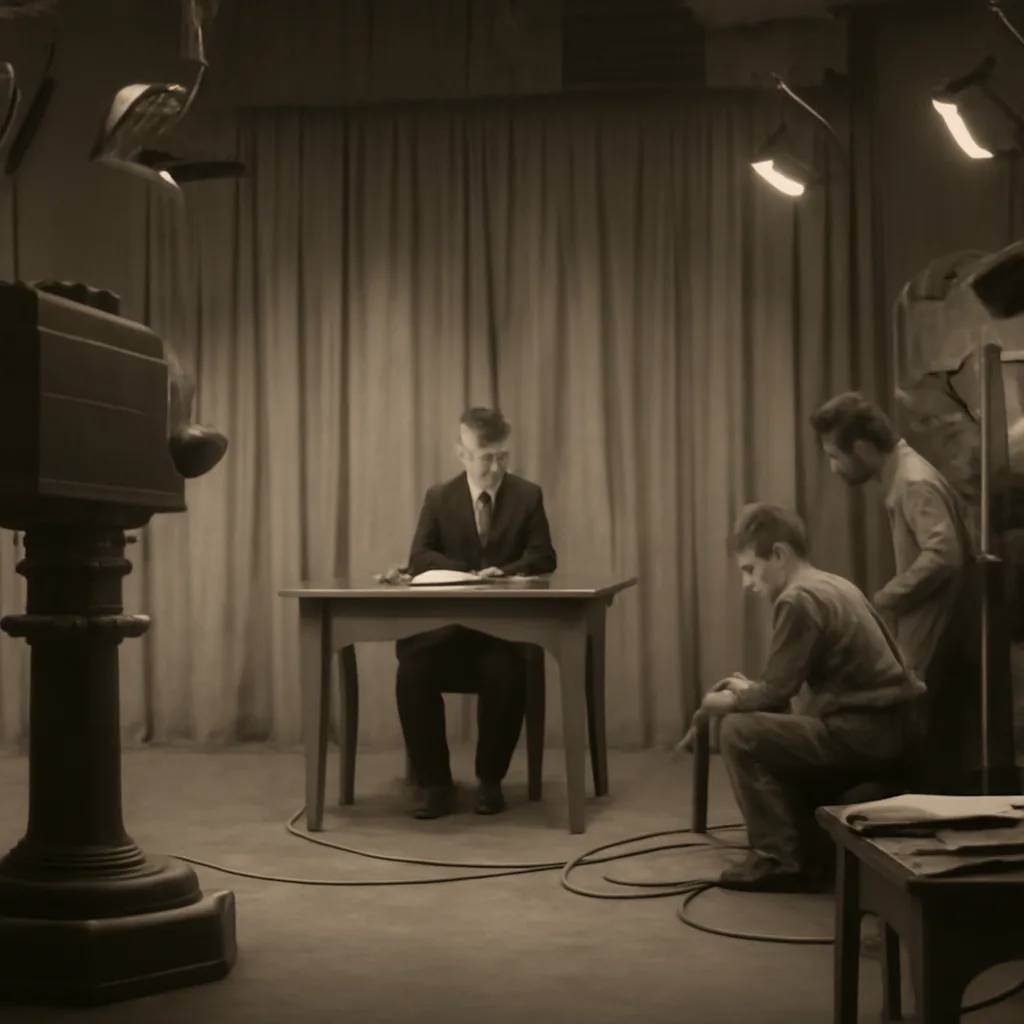 A 1940s television studio with a news announcer at a simple desk, cameras on wheeled pedestals, lighting rigs, and technicians operating equipment in period clothing.