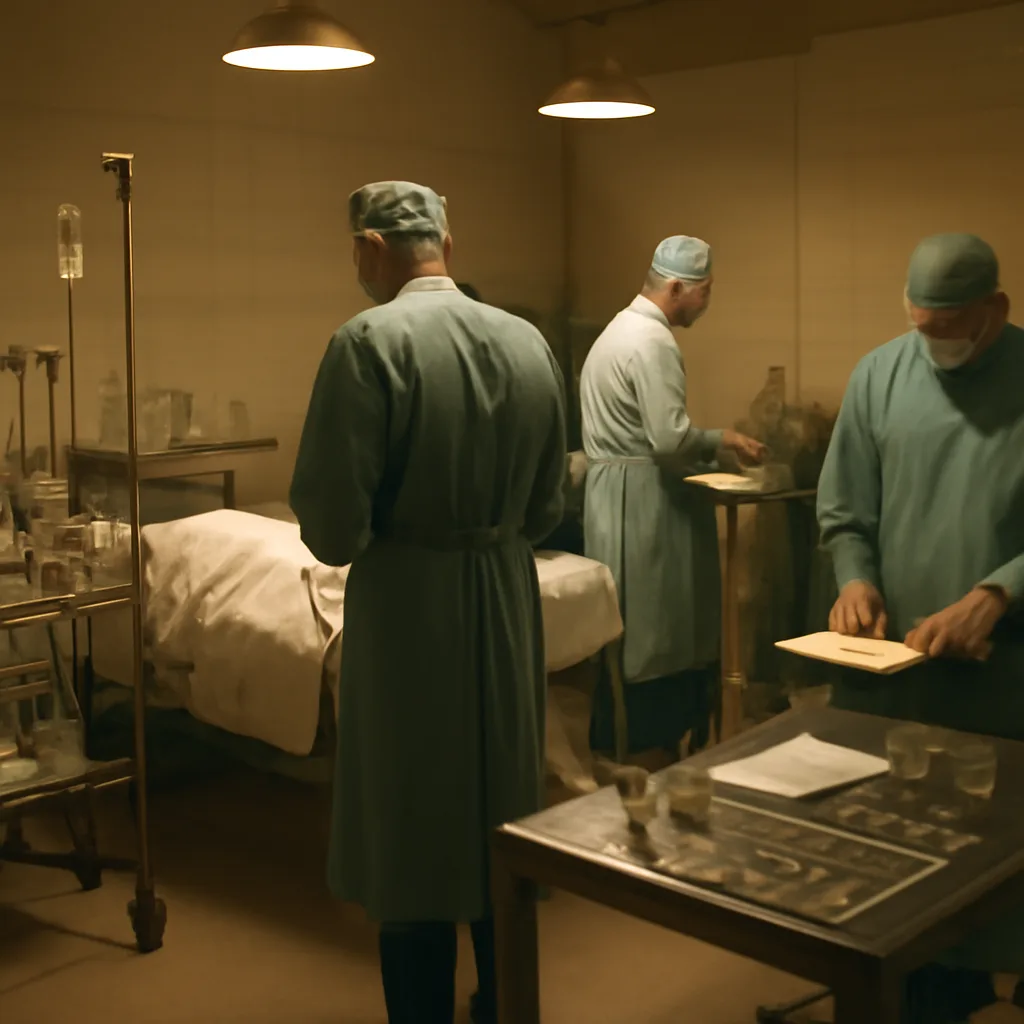 A 1960s clinical research setting showing lab equipment, glass bottles, infusion tubing and surgical instruments on a tray, with clinicians’ hands in sterile gloves (faces not visible).