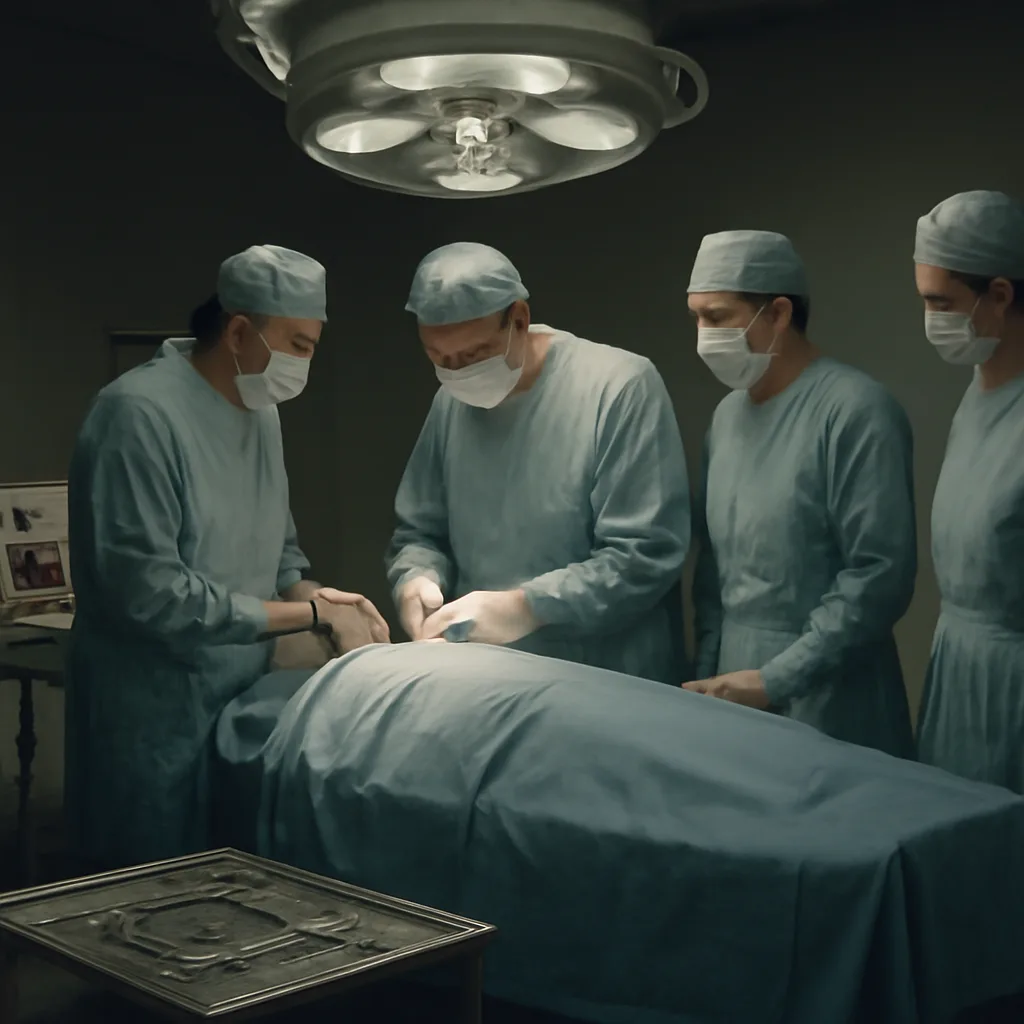 Operating room scene in the early 1960s showing surgeons and assistants around an operating table with mid-20th-century surgical instruments and early electrical equipment on a nearby cart; patient face not visible.