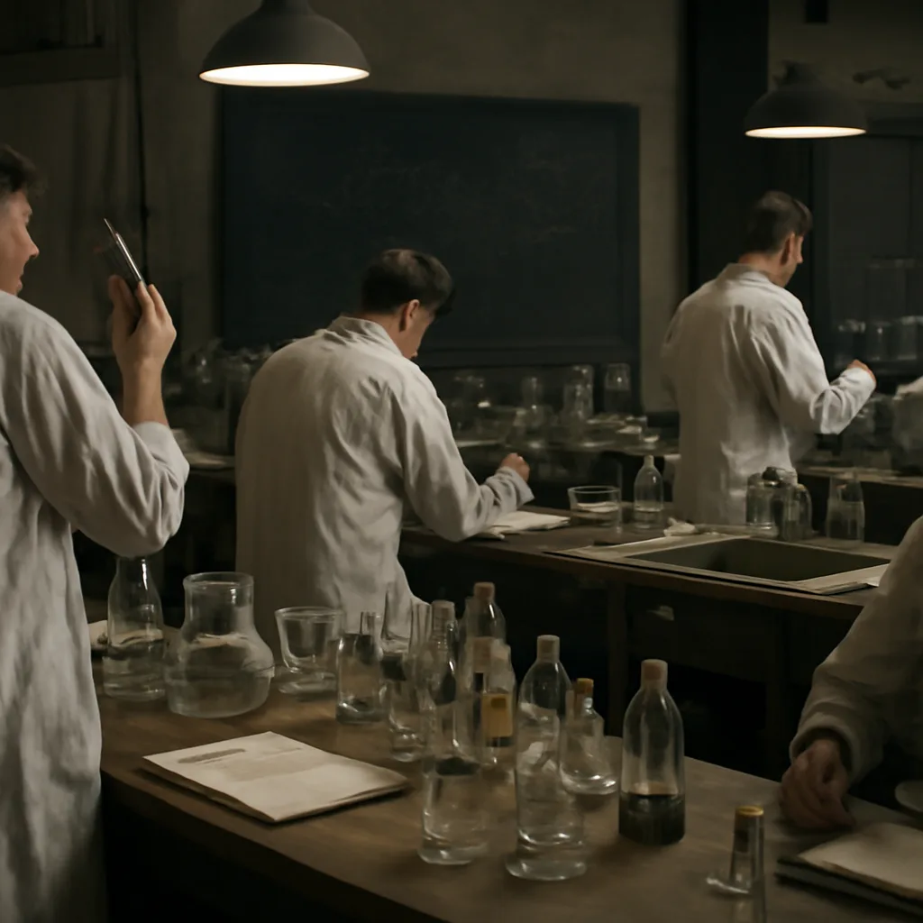 A 1940s laboratory bench with culture flasks, glassware, and early lab equipment used to grow and extract penicillin, with researchers’ hands in period clothing holding a flask (faces not shown).