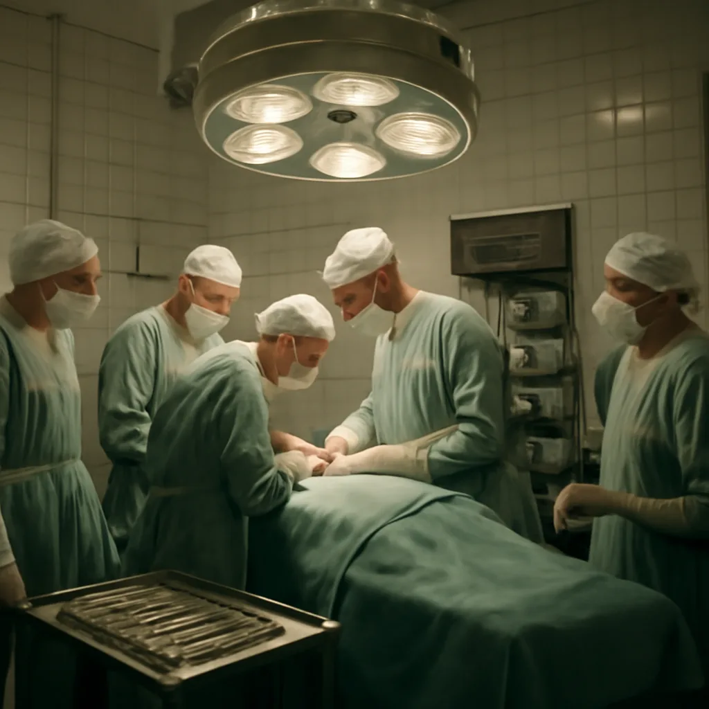 Operating theater of a 1950s hospital showing surgeons in surgical gowns around an operating table with surgical instruments and an anesthesia machine; setting reflects mid-20th-century hospital environment.