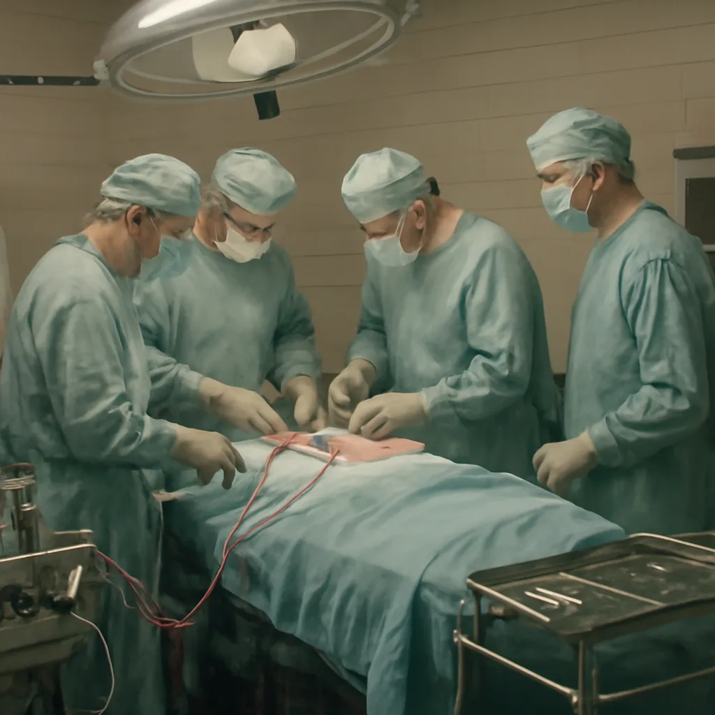 Operating room in the early 1950s with surgeons and nurses around an open-heart surgery patient, early heart–lung machine and tubing visible; surgical attire and equipment consistent with the era.
