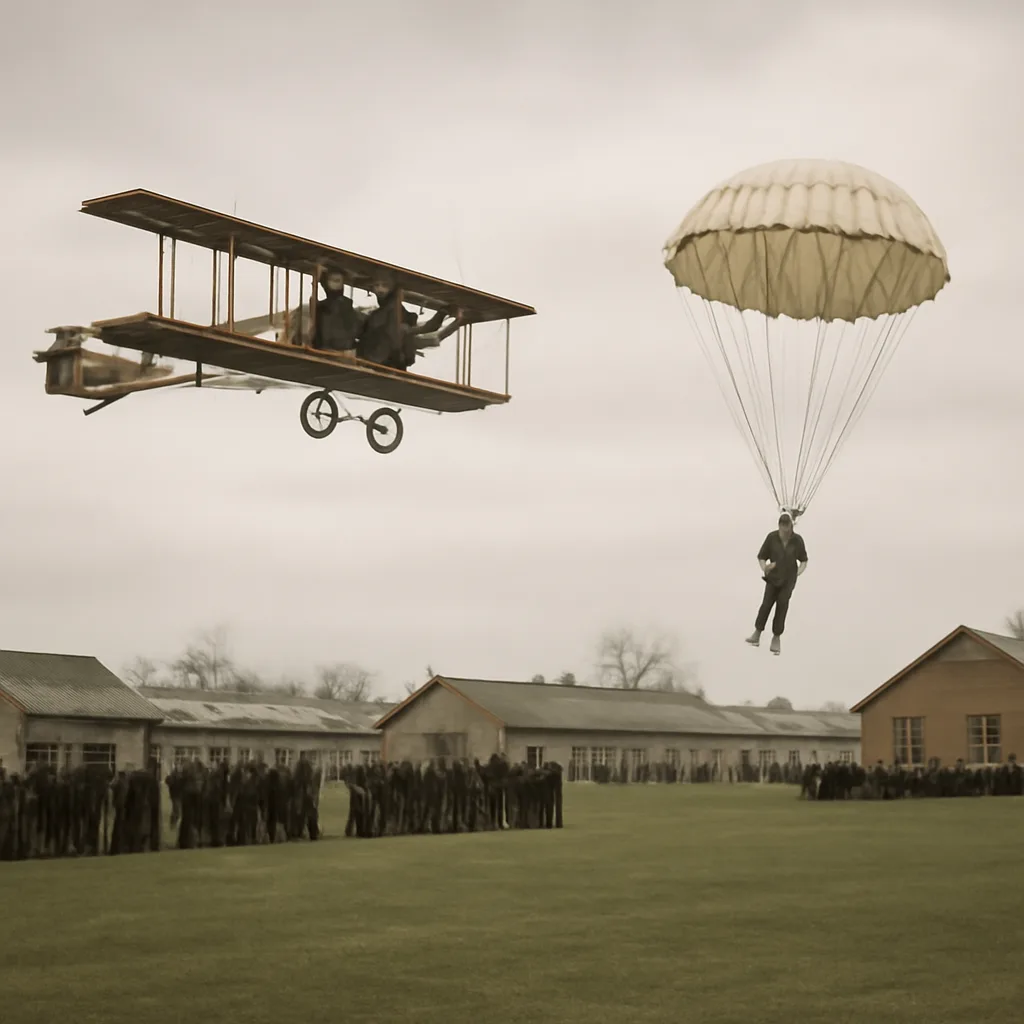 Early 20th-century biplane over a grassy military parade ground with a parachutist descending under an open parachute; pilot in cockpit, others watching from nearby buildings.
