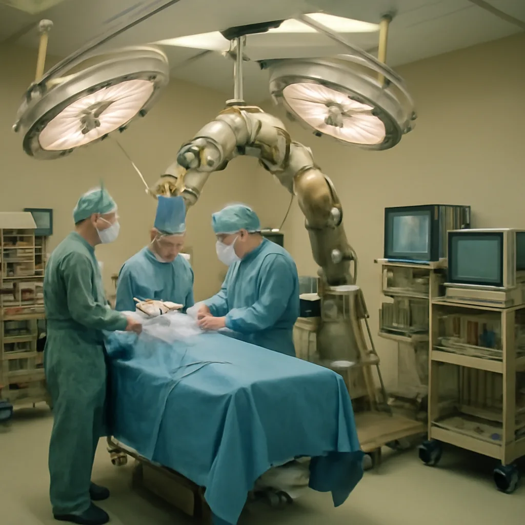 Operating room in the 1980s showing a medical team around a patient with a bulky articulated robotic arm positioned near the surgical field, computers and monitors on carts in the background.