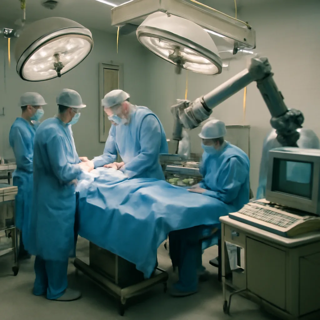 Operating theater in the mid-1980s showing surgeons and technicians around a surgical suite with early computing equipment and mechanical instrumentation; no identifiable faces.