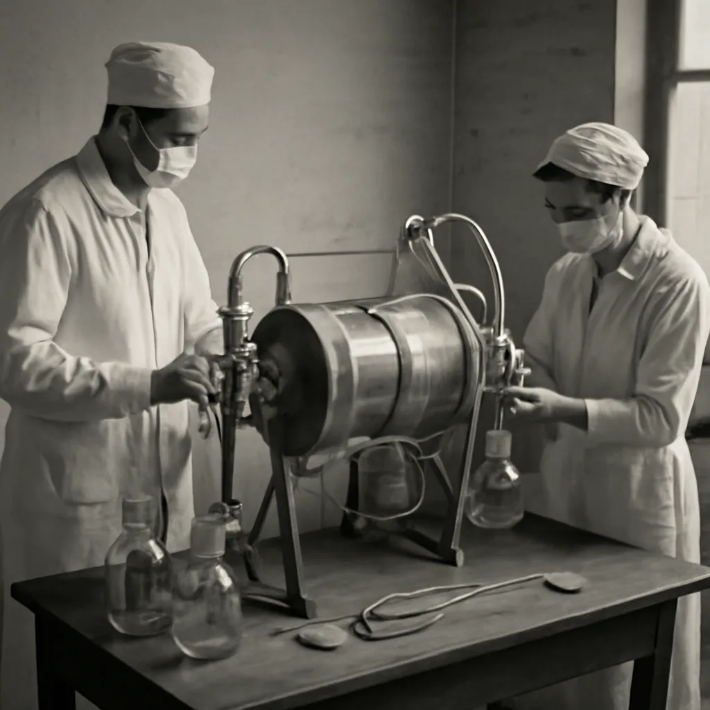 Wartime-era laboratory scene showing an early rotating-drum dialysis apparatus made from glass tubing and a cylindrical membrane, on a table with glass bottles and simple instruments, technicians in period medical clothing working in the background.