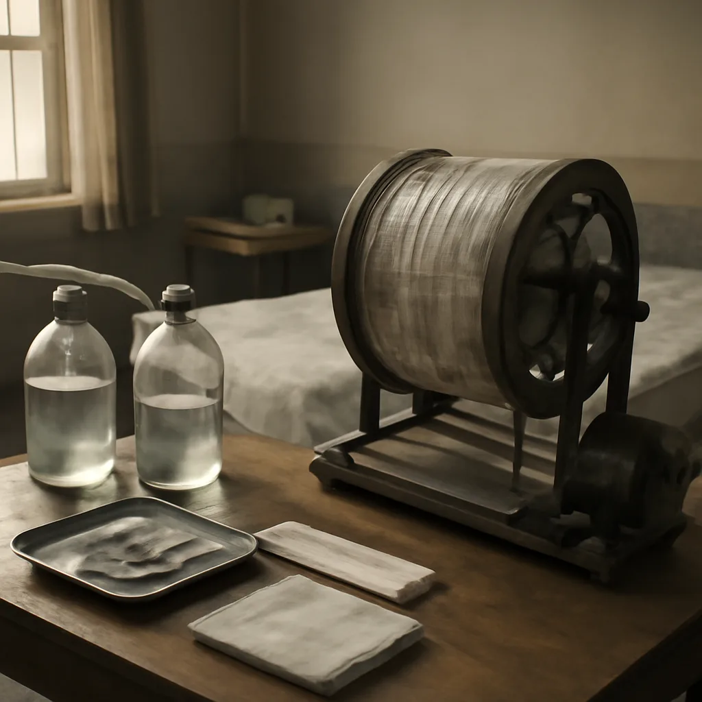 A 1940s-era rotating drum dialyzer made from coiled cellophane tubing and a wooden drum with nearby medical equipment on a simple table in a small clinical room.