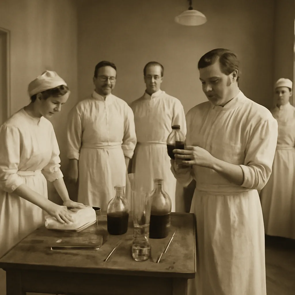Early 20th-century hospital ward with clinicians preparing glass syringes and glass blood collection bottles on a table; period medical attire and simple surgical instruments visible.