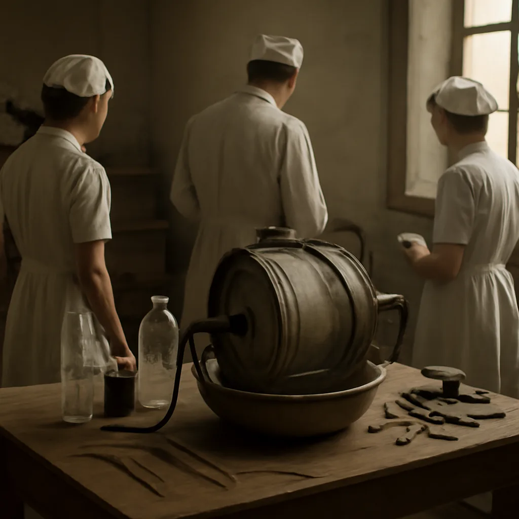 A wartime-era medical workshop showing a rotary drum dialysis device with coiled cellophane tubing, a basin of dialysis fluid, and medical staff in plain 1940s clinical attire preparing tubing and instruments.