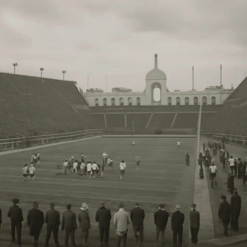 Los Angeles Memorial Coliseum field in 1967 with football markings and stadium seating filled sparsely for a championship game; sideline equipment and period-appropriate goalposts visible.