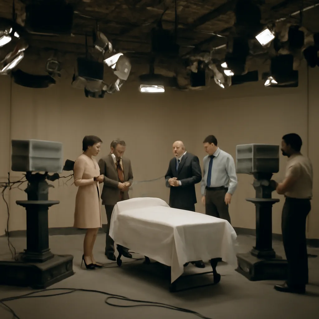 A 1970s television studio set with cameras and lighting around a covered medical table; technicians and producers in period clothing consult papers under studio lights.