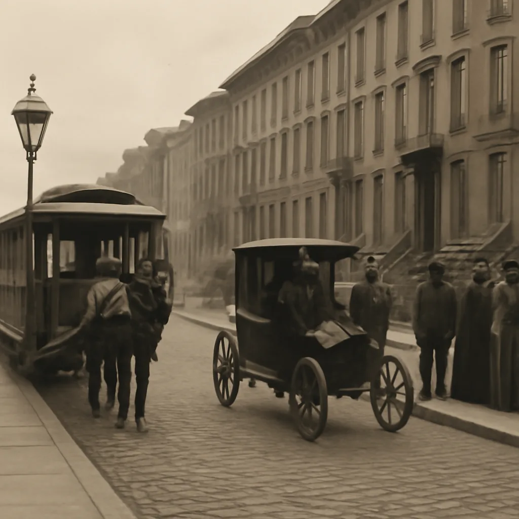 Late 19th-century New York City street with an electric hansom cab, horse-drawn streetcar, and pedestrians near a curb—depicting the urban setting of the 1899 accident.