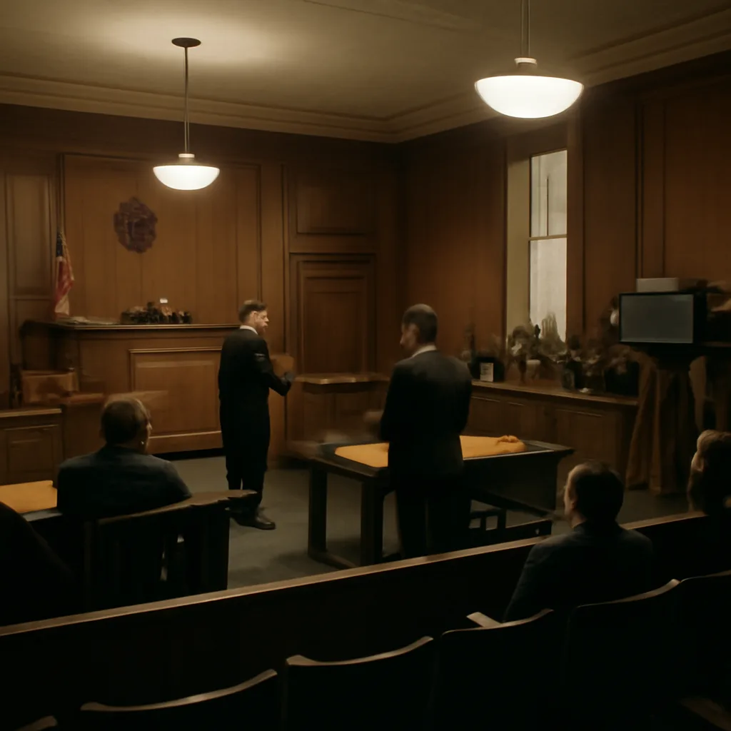Mid-1950s courtroom interior with seated judge, attorneys at counsel tables, and a bulky television camera on a tripod positioned near the courtroom doorway; jurors and spectators visible but not individually identifiable.