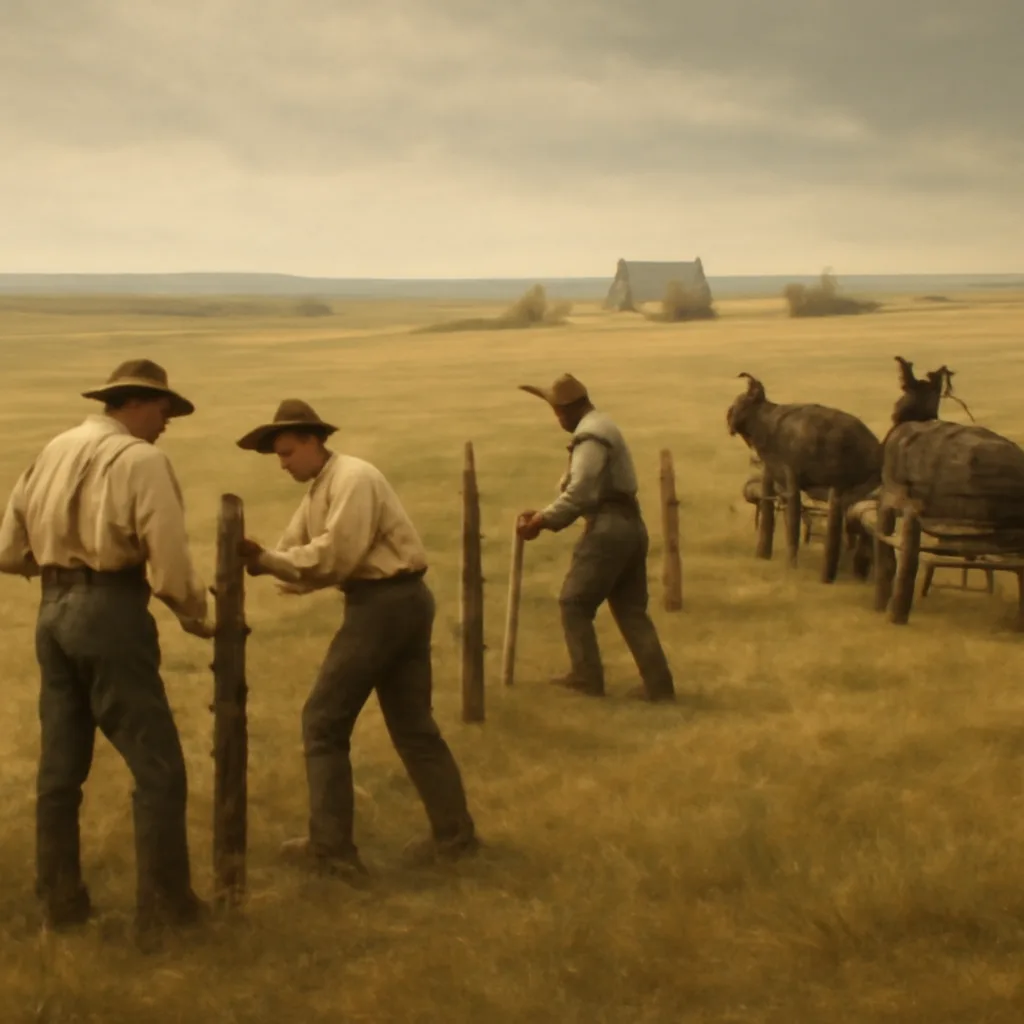 Late 19th-century prairie scene with workers installing early barbed wire fencing using wooden posts and hand tools near a wooden wagon; distant rolling plains and a simple farmhouse under an overcast sky.