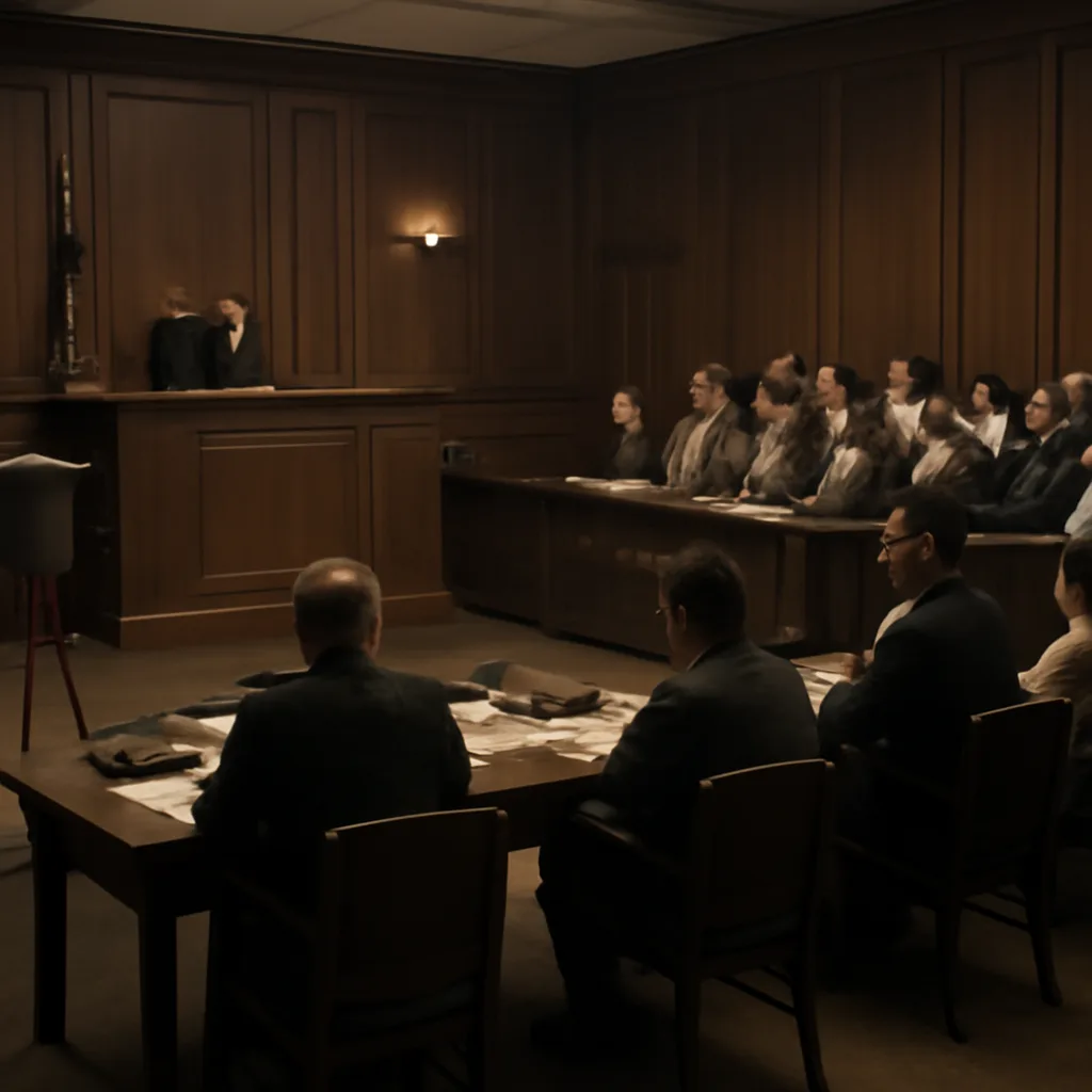 A 1950s courtroom interior with wooden benches, judge's bench, lawyers at tables, and a bulky television camera positioned in a corner; people wear mid‑century professional clothing.