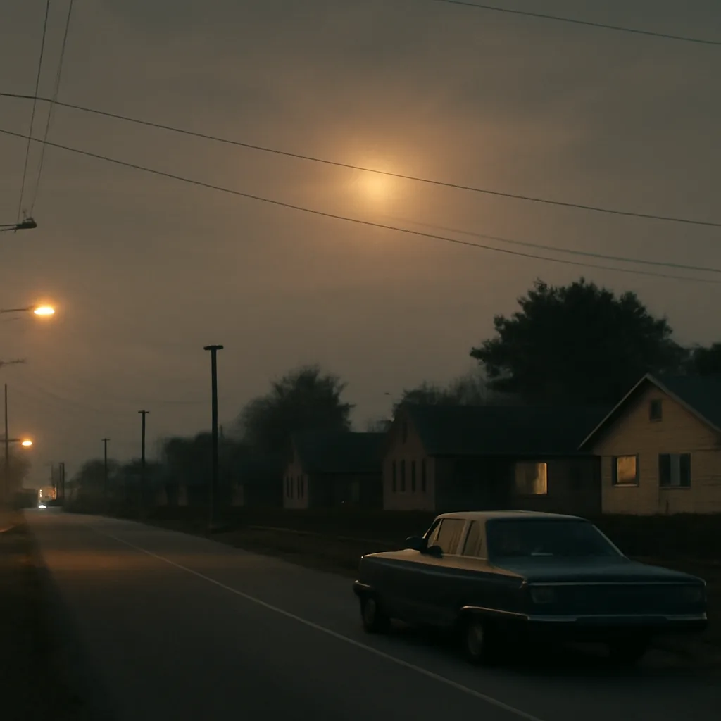 1950s–1960s small-town roadway at dusk with a parked car under a low sky; empty streetlights and a distant low-flying silvery object implied by glow in sky.