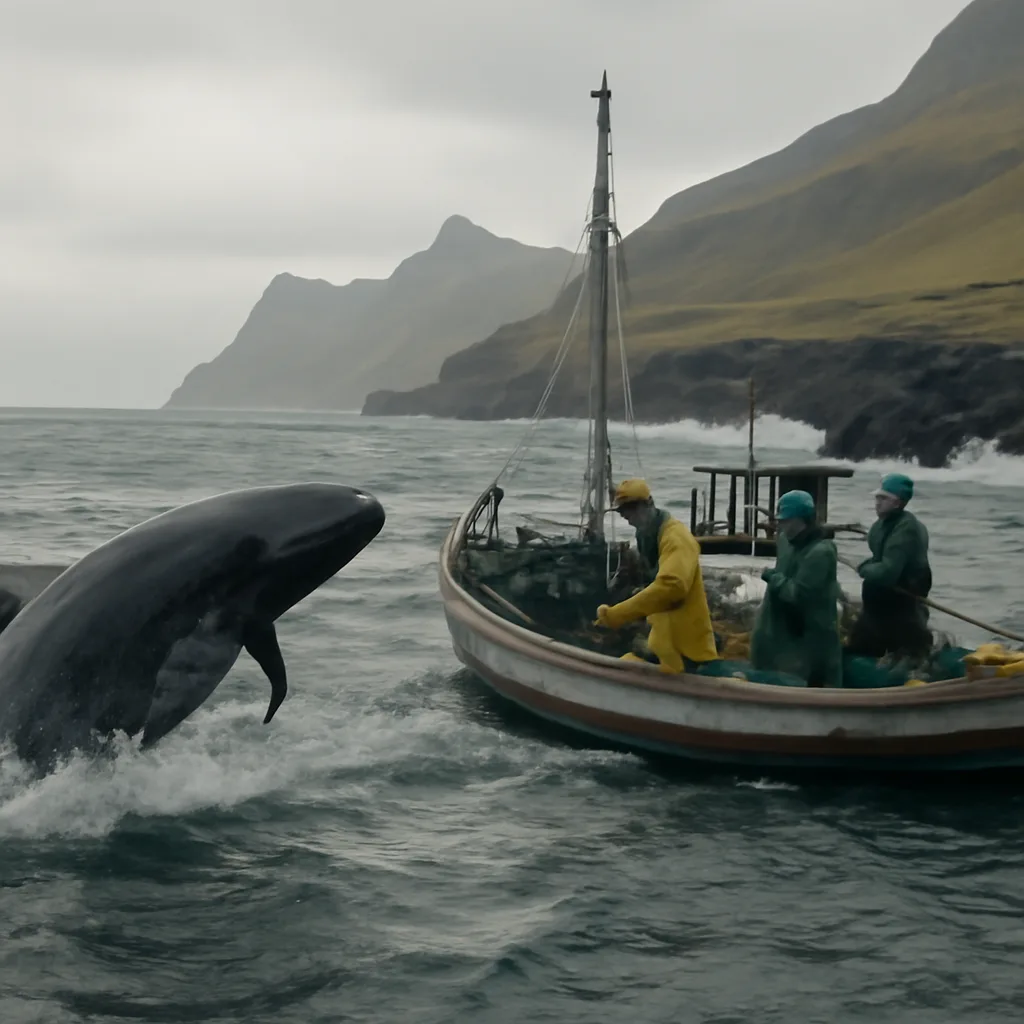 A small fishing boat near rocky North Atlantic shore with a large pilot whale breaching close by; rough sea, overcast sky, fishermen wearing practical wet-weather gear, no identifiable faces visible.