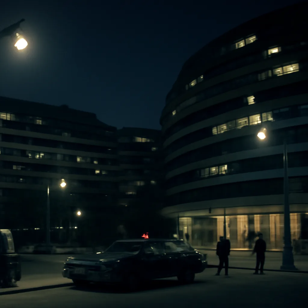 Exterior of the Watergate office complex at night in 1970s Washington, D.C., showing an urban office building and street-level entrance with police presence and subdued lighting.