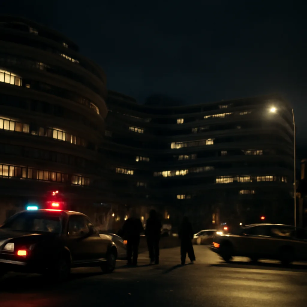 Exterior of the Watergate office complex at night in 1972, a multi-story brick-and-glass building with lit windows; police cars parked outside and a uniformed officer near an entrance.