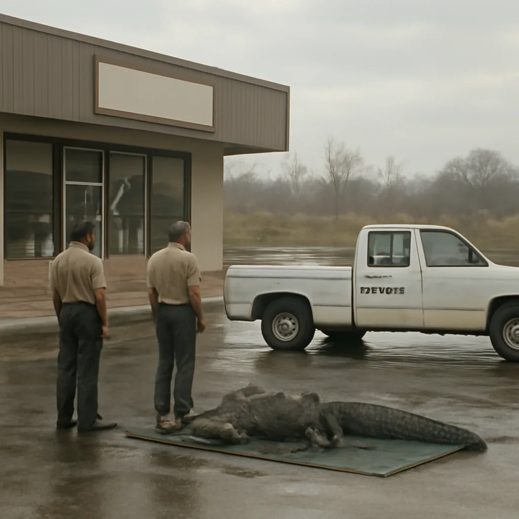 A small convenience store exterior in a Florida suburban strip mall near wetlands; an animal control truck parked outside, with officers standing by a contained alligator on a tarp.