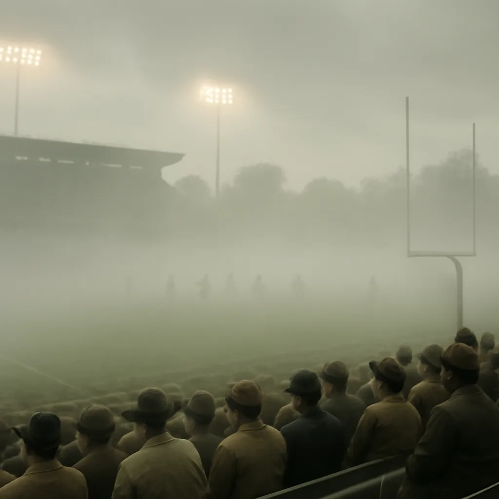 Stadium field shrouded in dense fog on an autumn day in 1968, with blurred goalposts and indistinct players and spectators visible through the mist.