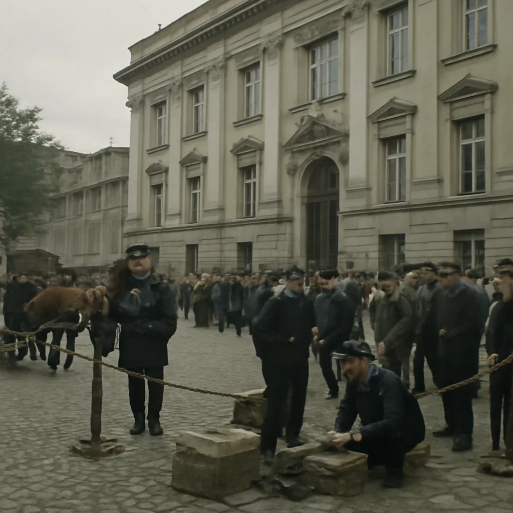 Early 20th-century urban street scene with police officers inspecting a carriage and a plain building; men in period clothing gathered at a cordoned-off area.