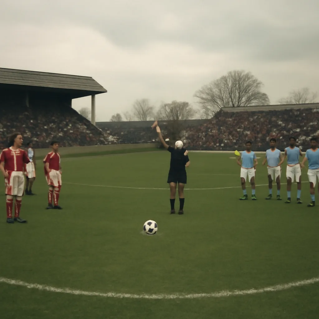 Football match center circle with players preparing for a kickoff while a referee signals; mid-1980s stadium clothing and equipment visible.