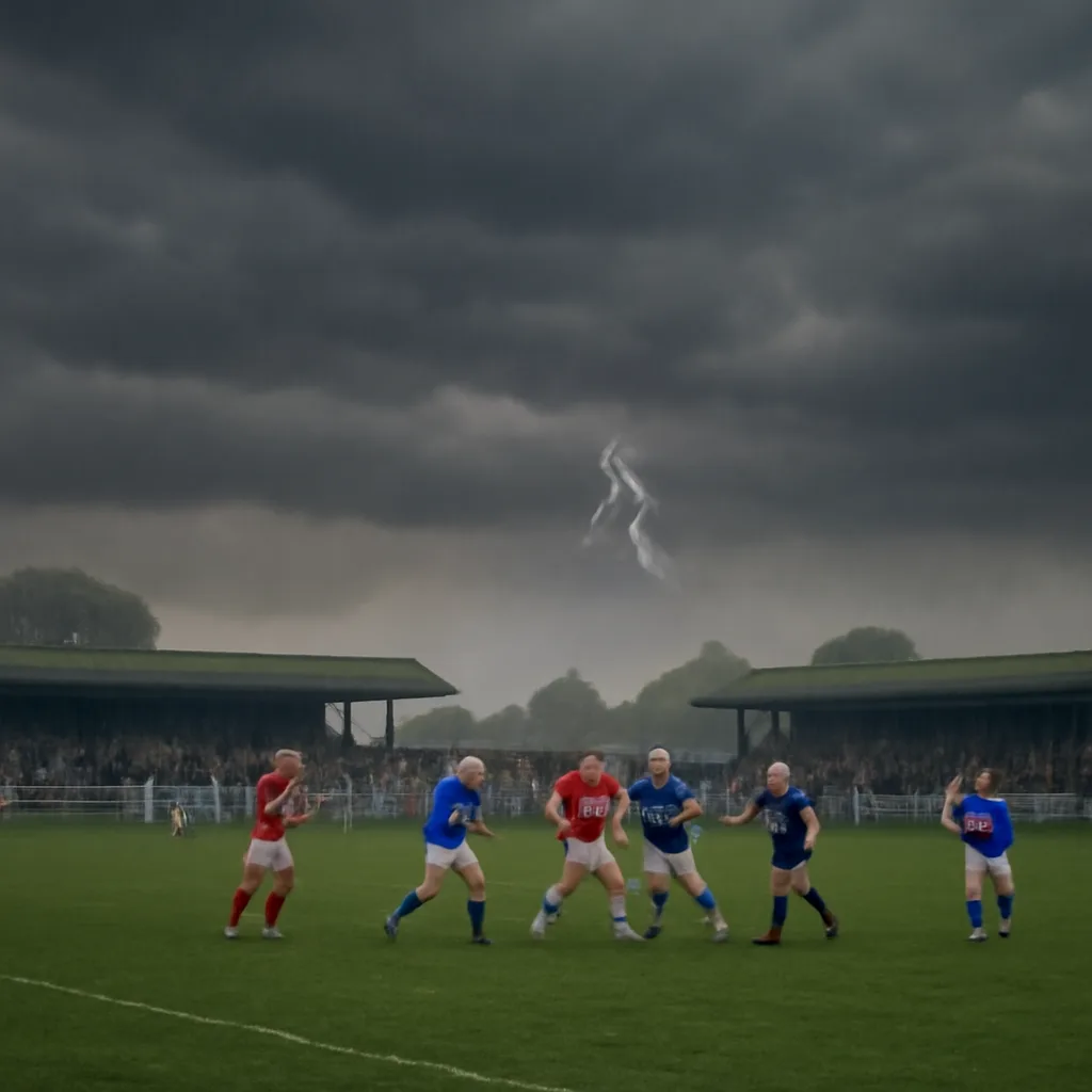 Outdoor soccer match under a dark stormy sky; players and officials clustered near the center of a grass pitch with visible rain and lightning in the distance.