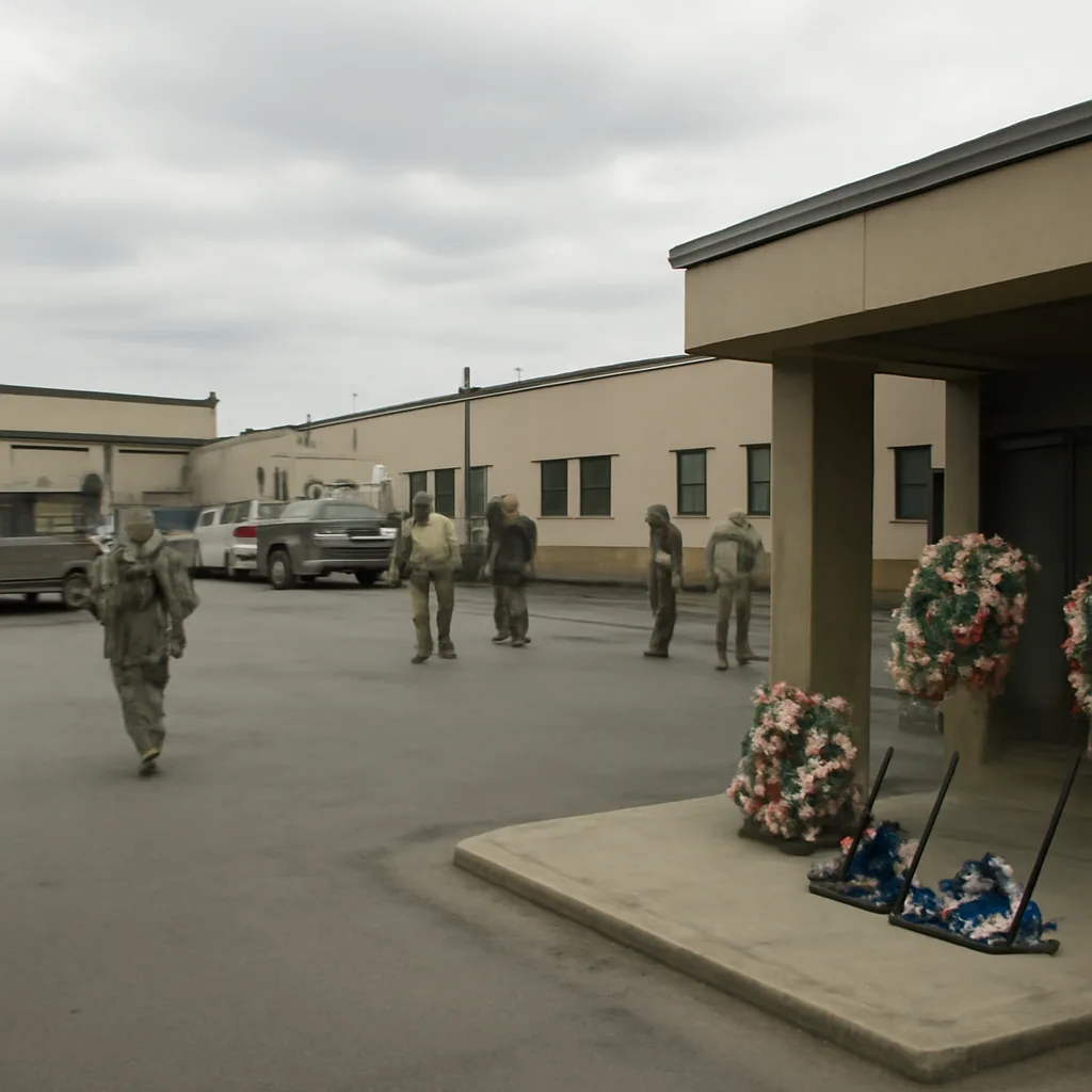 Exterior view of Fort Hood military base buildings and a subdued memorial wreath area, with uniformed personnel and vehicles at a distance; overcast sky, respectful atmosphere.