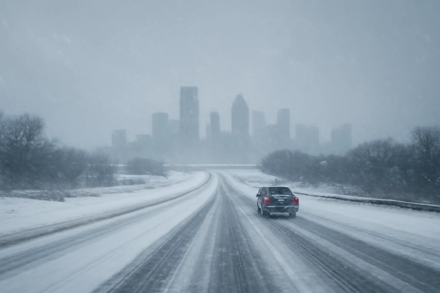 A car driving on a snow-covered highway across the Midwest with a distant city skyline visible under heavy snowfall