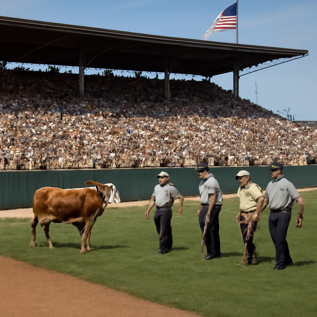 A 1970s-era baseball outfield with a cow standing on the grass near the warning track while a few groundskeepers approach to guide it off the field; fans visible in stands.