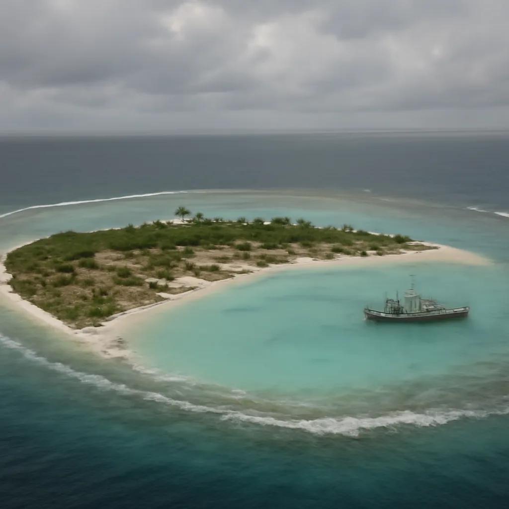 Aerial view of a low-lying coral atoll in the South Pacific with surrounding turquoise lagoon and outer reef, showing sparse vegetation and a few small buildings on the shore; cloudy sky overhead.