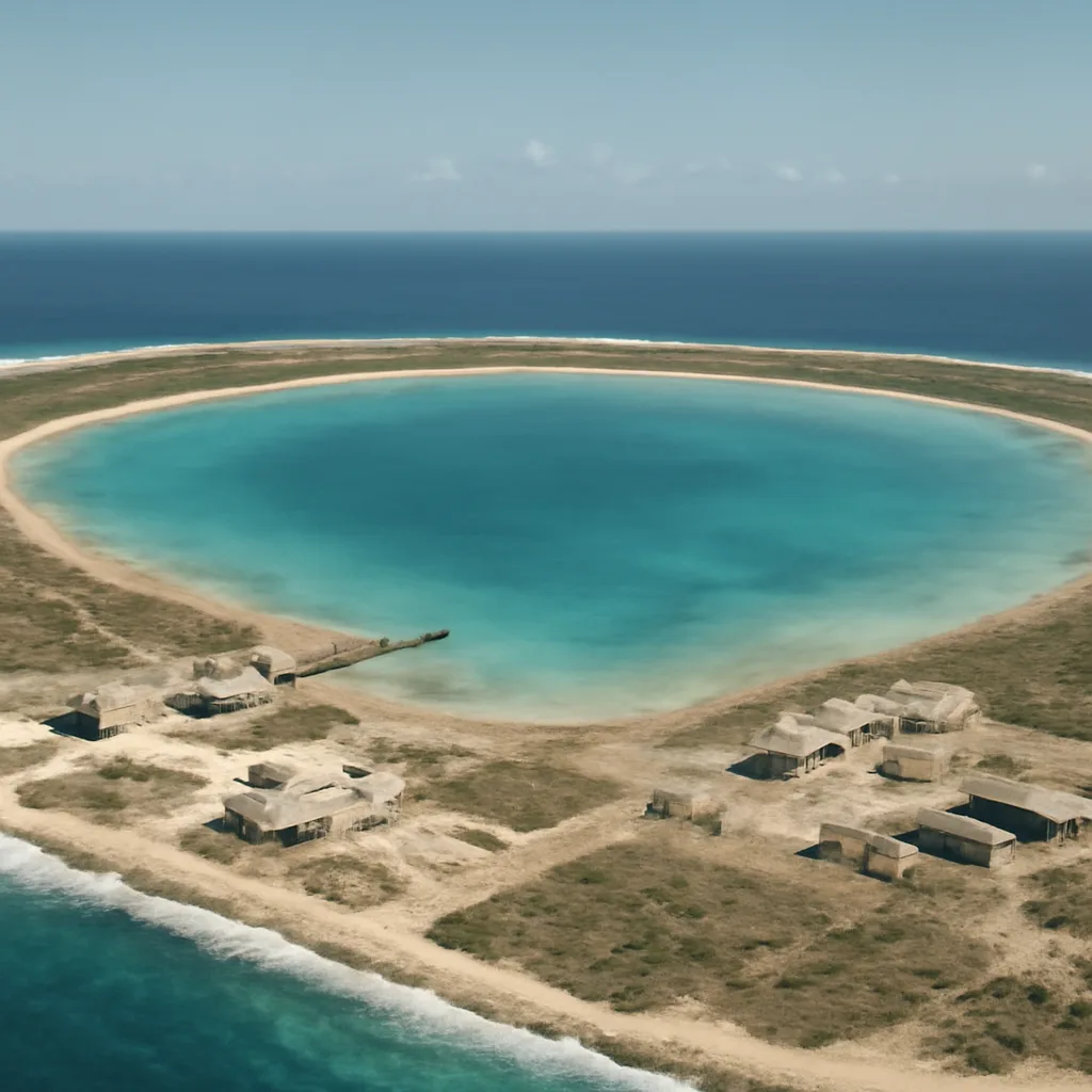 Aerial view of a South Pacific coral atoll and lagoon under clear sky, with low-lying vegetation and research or military infrastructure along the shore; no individuals identifiable.
