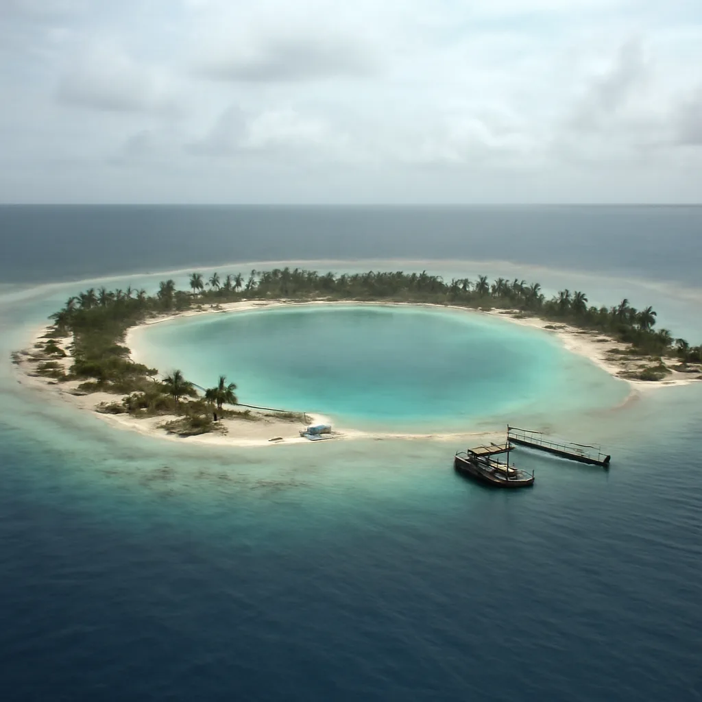 Aerial view of Fangataufa atoll in the Tuamotu archipelago: low coral islets encircling a central lagoon under a partly cloudy sky, circa 1960s.