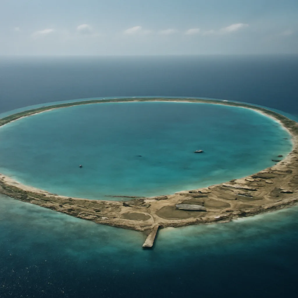Aerial view of Moruroa Atoll in the South Pacific, showing the ring-shaped coral atoll, lagoon waters, and sparse infrastructure on the rim; no people visible.