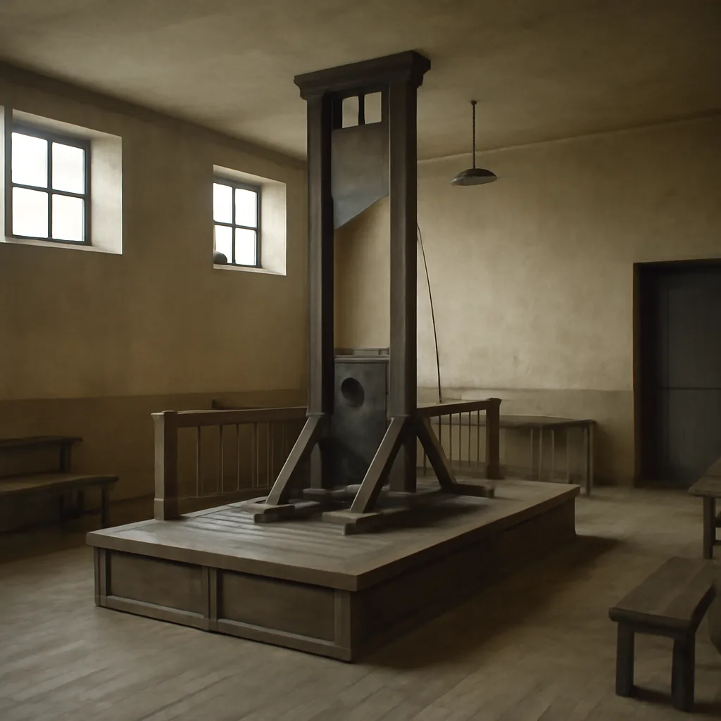 A mid-20th-century execution chamber interior showing a decommissioned guillotine on a wooden platform, dimly lit, with no people present.