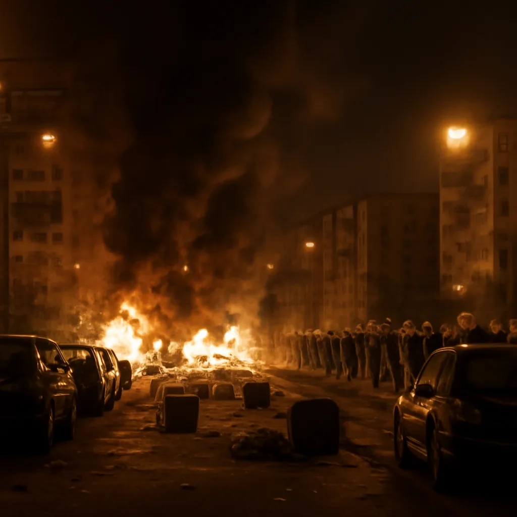 Burning vehicles and smoke in a Paris suburb street at night during 2005 unrest, with damaged buildings and police presence in the background.