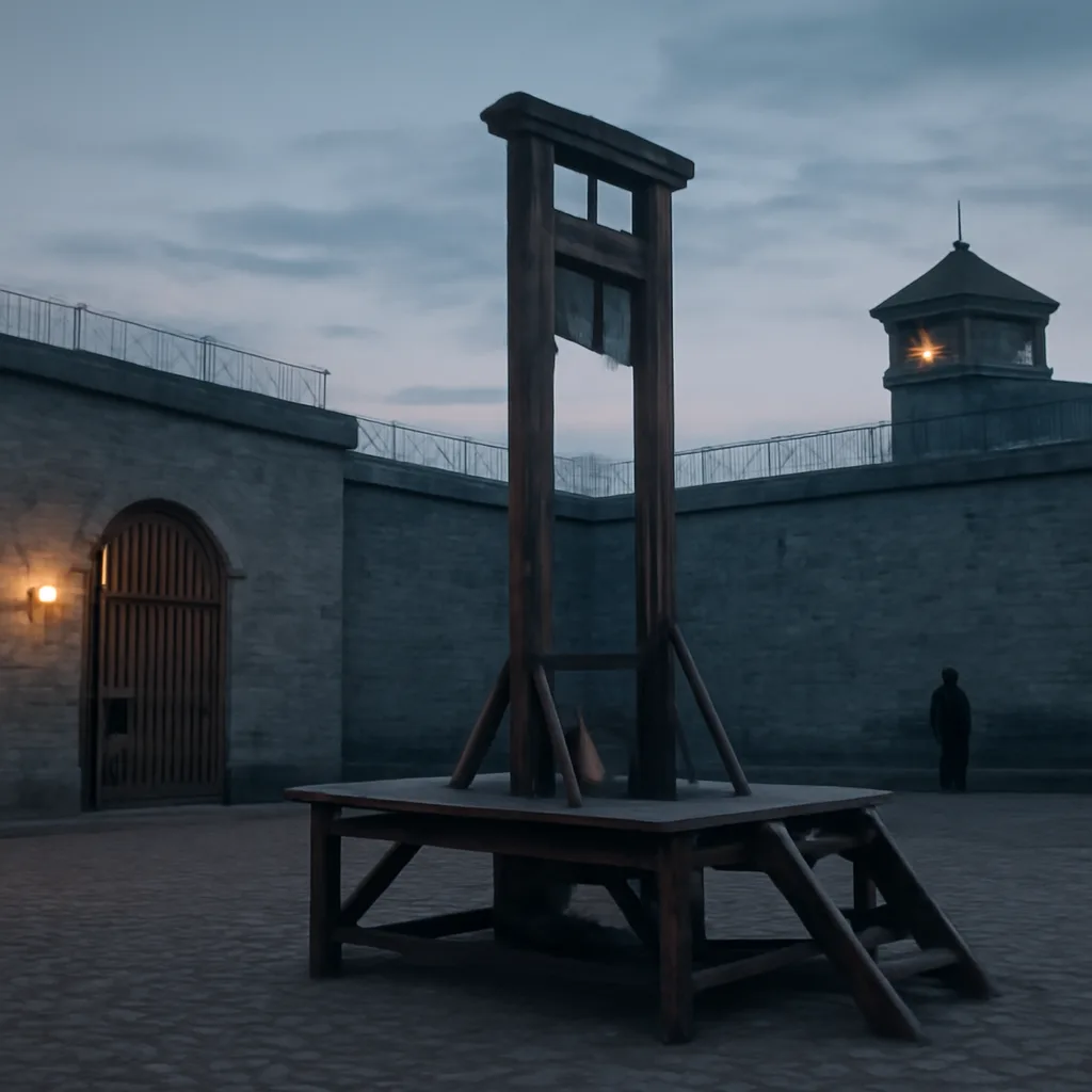 A wooden execution scaffold and guillotine mechanism in a courtyard of a mid-20th-century French prison, viewed from a distance; no identifiable faces.
