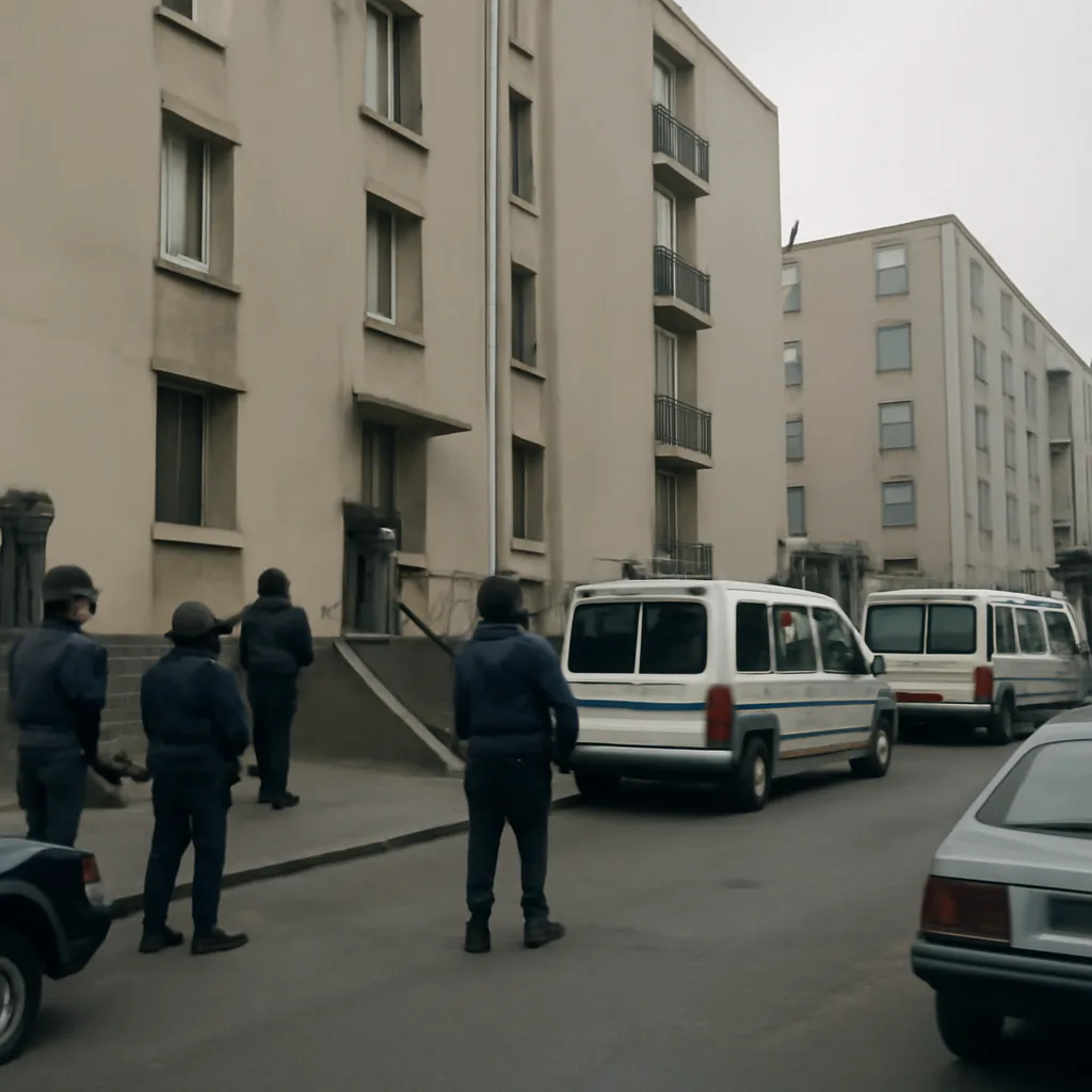 Police vehicles and officers conducting coordinated searches outside apartment buildings in an urban French neighborhood during daylight in the mid-1990s.