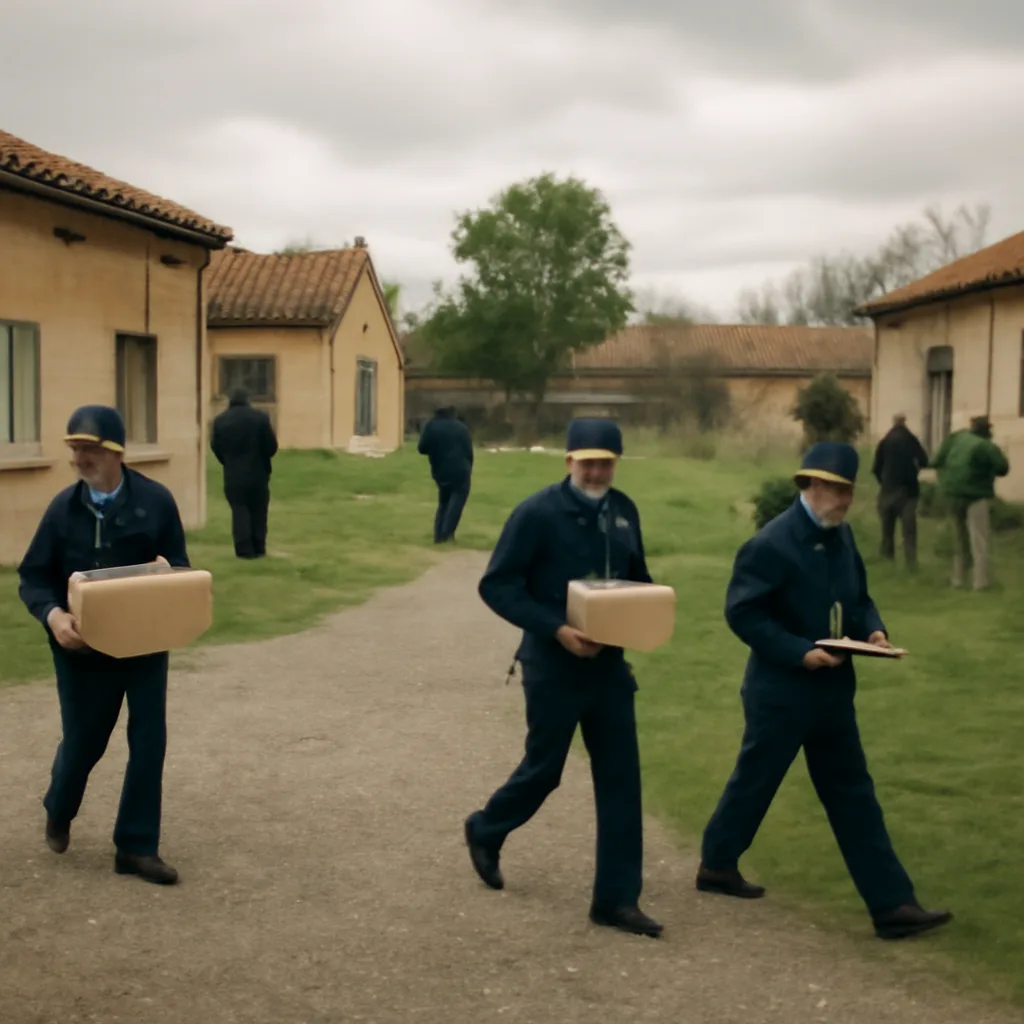 Police vans and investigators at a rural commune compound entrance during daylight, with modest single-story buildings and fenced grounds; officers carry plain evidence boxes as onlookers stand at a distance.
