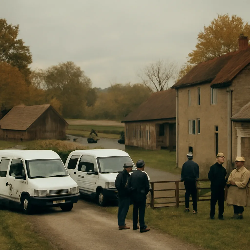 Rural compound buildings with fences and police vehicles parked nearby, investigators and social workers outside; cloudy autumn light, no identifiable faces.