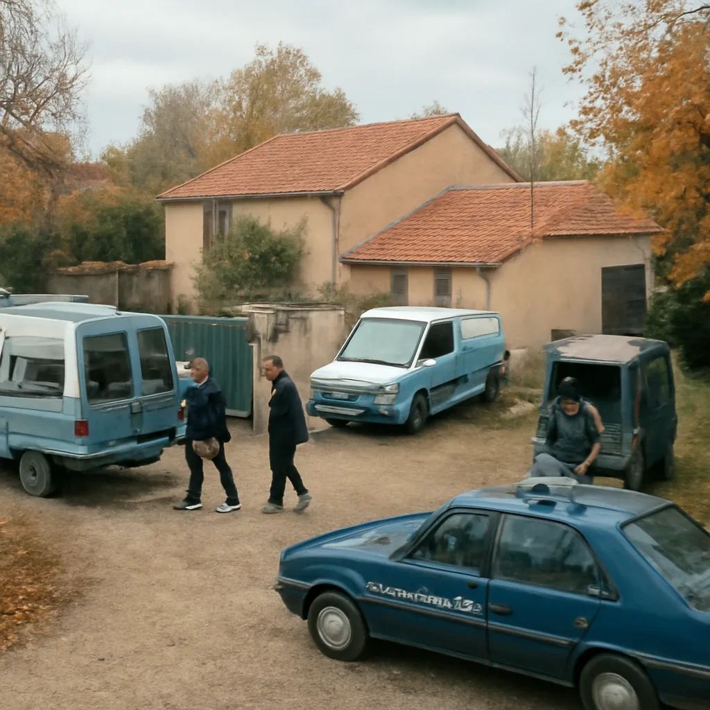 Police vehicles and officers outside a rural property during daylight, with plain buildings and garden areas; operations underway and no identifiable faces visible.